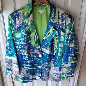 Colorful Abstract Print Blazer in Blue & Green Cotton Jacket